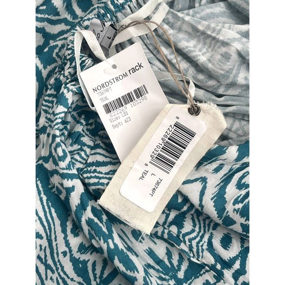 Boho Me NWT Maxi Woven Maxi Dress Teal White Smocked Top Open Back Size L - Picture 9 of 12